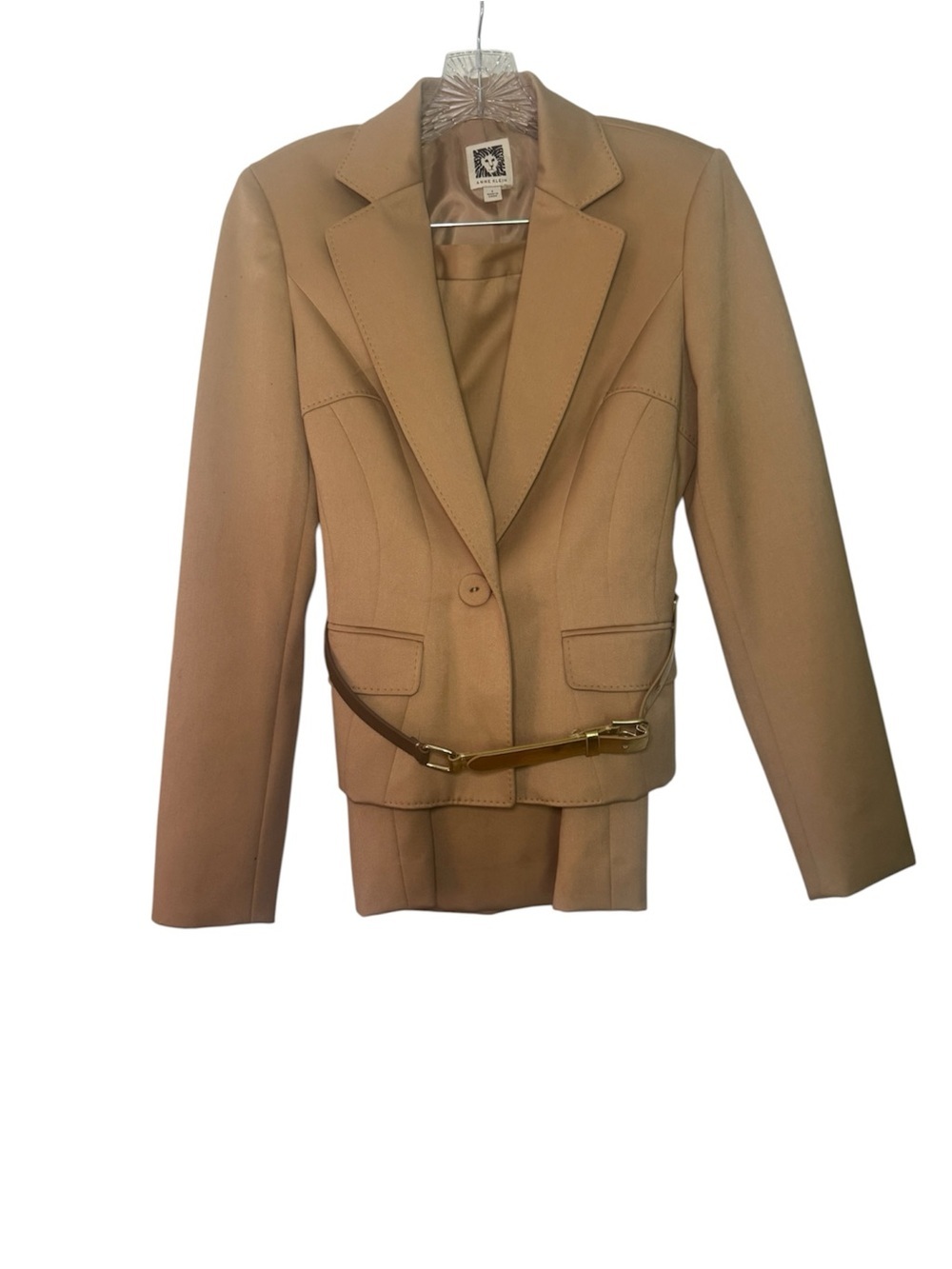 Anne Klein Camel Tailored Suit with Decorative Belt Jacket and Skirt Size 4